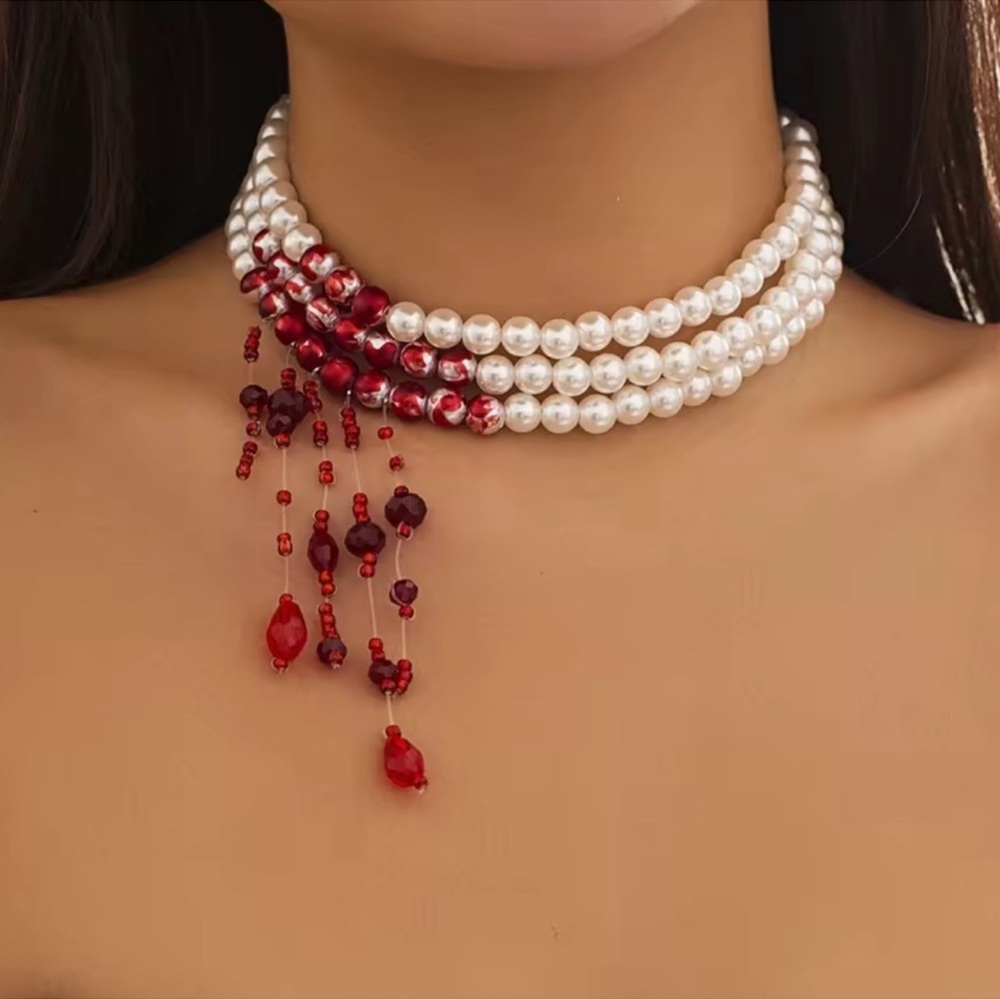 Pearl Scarlet Red Blood Crystal Choker – Queen’s Statement Necklace